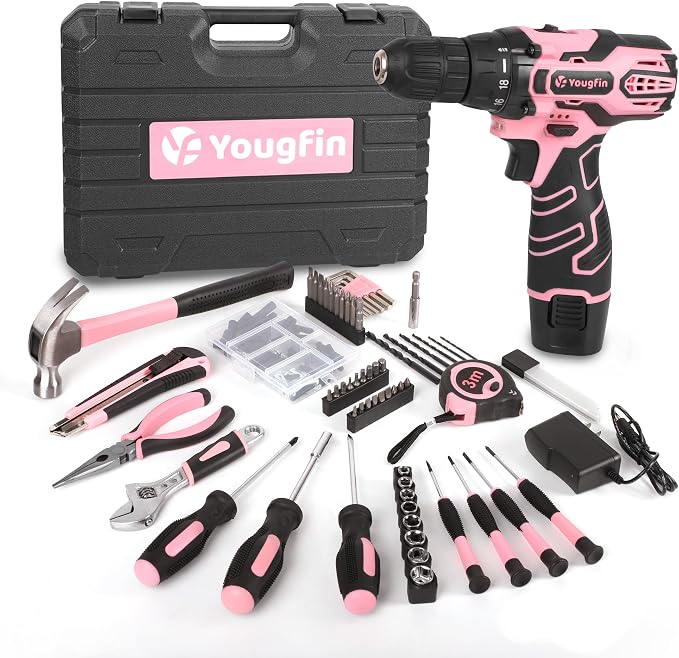 12V Pink Cordless Drill Set 195PCS Hand Tool Combo Kit Small Compact Electric Screwdriver Set Portable Power for Home DIY&Repair Driver Machine with Battery & Charger Gift Box for Women