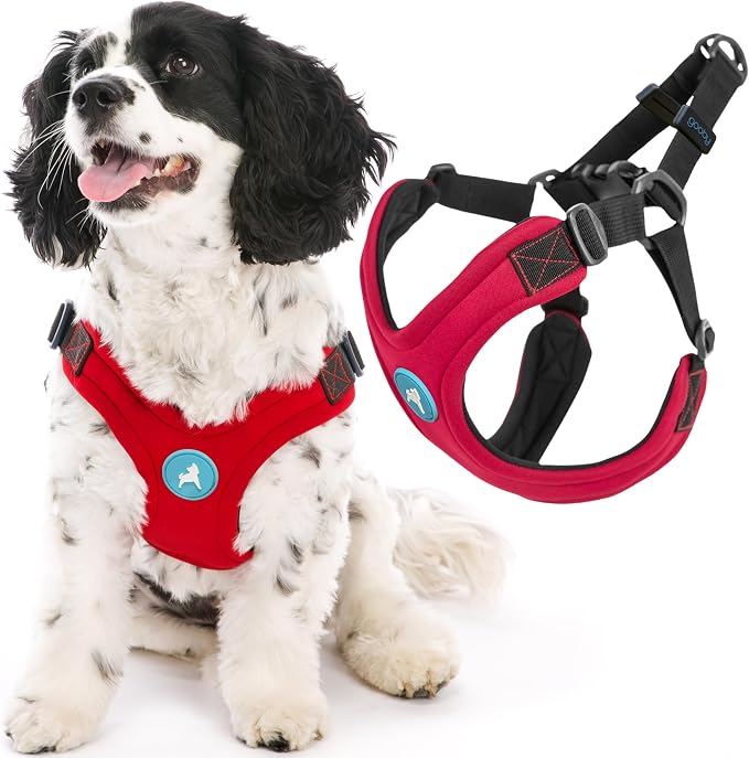 Gooby Escape Free Sport Dog Harness, Choke-Free, Red, Medium | Patented escape-free frame; Reduces choking; 4-point adjustment; Soft neoprene padding; Durable webbed straps