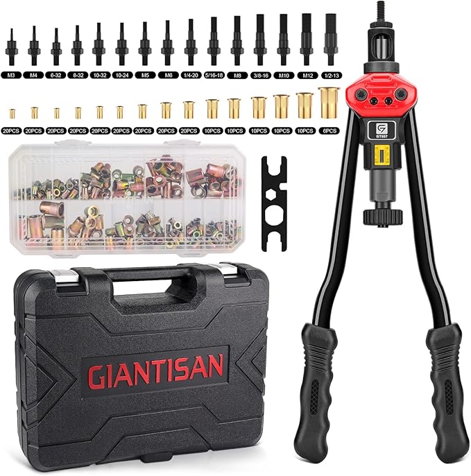 Rivet Nut Tool, GIANTISAN 16-inch Rivnut Tool Kit with 15 SAE & Metric Mandrels, 236pcs Rivnut Assortment Kit and Carrying Case, Designed for Labour Saving, Ideal for Automotive, Home and DIY Projects