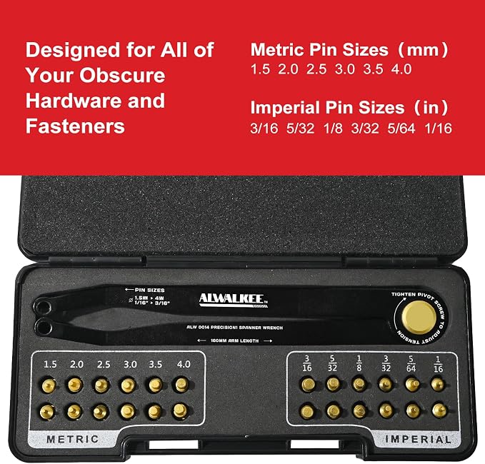 Pin Spanner Wrench Set, 25-Piece Adjustable Hook Wrench Tool Kit with Case, Metric and SAE Pins for Bearing Pulley Locknut Maintenance and Repair