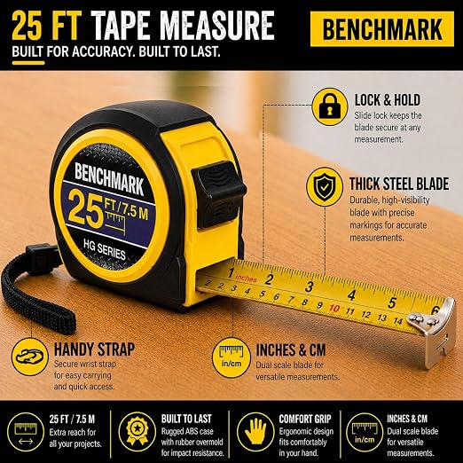 10 Pack - Tape Measures 25ft / 7.5m – Inch & Centimeter Marks. Rugged Outer Shell with Easy Grip Design - High Visibility Steel Tape - Thumb Lock - Autowind - Belt Clip – Retractable Measuring Tape