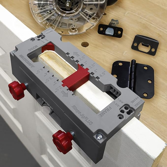 Milescraft 1229 HingeJigPLUS – Dual Clamping Door Hinge Jig Door Hinge Mortiser. Complete Hinge Installation Kit Rout Mortises from 2.5” to 4.5”. Strike and Latch Plates Included for Standard Doors