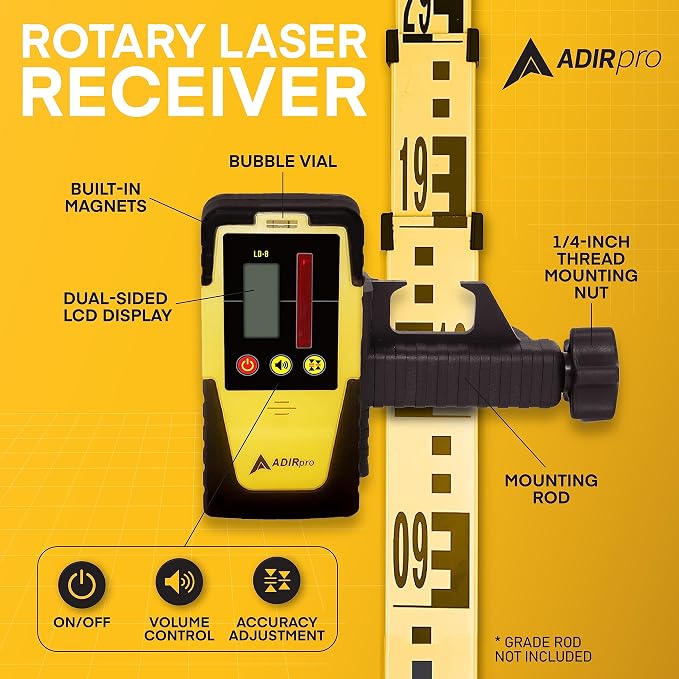 AdirPro Universal Rotary Laser Detector (LD-8) - Digital Rotary Laser Receiver with Dual Display and Built-In Bubble Level, Compatible with Most Red Rotary Lasers - Rod Clamp Included