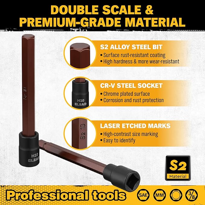 Extra-Long Allen Hex Bit Socket Set: 20-Piece 3/8 Inch Drive, 110mm S2 Steel, Standard SAE & Metric (1/8-Inch - 7/16-Inch, 3-12mm) for Impact Drills and Ratchet Wrenches