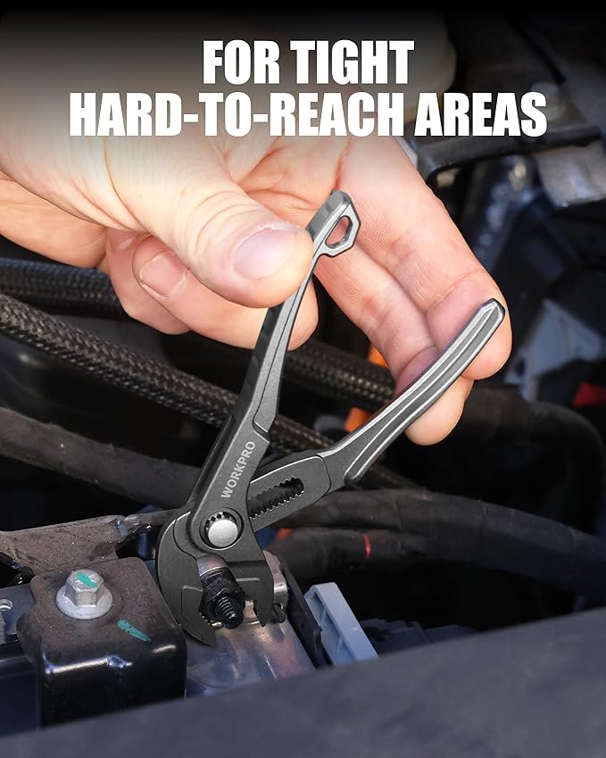 WORKPRO Mini Water Pump Pliers, 4-Inch Groove Joint Pliers, Fast Adjustable Tongue and Groove Plier with 15-Position Push-Lock, V-Jaw for Multi-Surface Grip, EDC Plier for Tight Spaces & Versatile Use