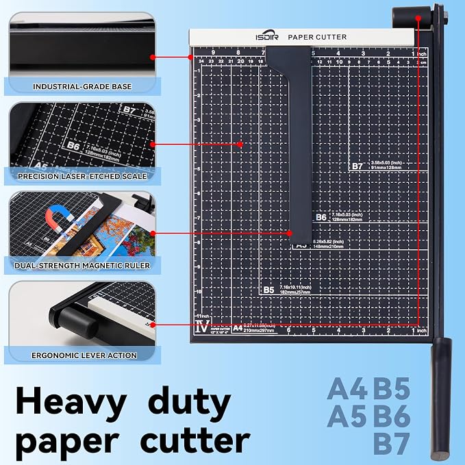 ISDIR 12 Inch Paper Trimmer with Automatic Security Safeguard and Side Ruler for A4, Craft Paper, Label, Photo and Cardstock - Ideal for Scrapbooking and DIY Projects(Black) (12"Black5)