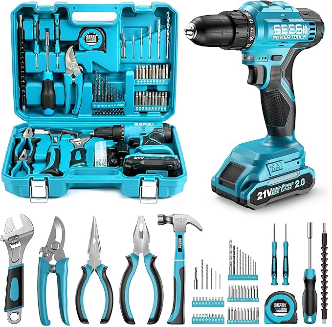 Seesii 21V Cordless Drill Tool Kit - 190Pcs Power Tool Combo Set, Hand Tool Kit with Toolbox, Electric Drill Driver for Home Hand Repair DIY