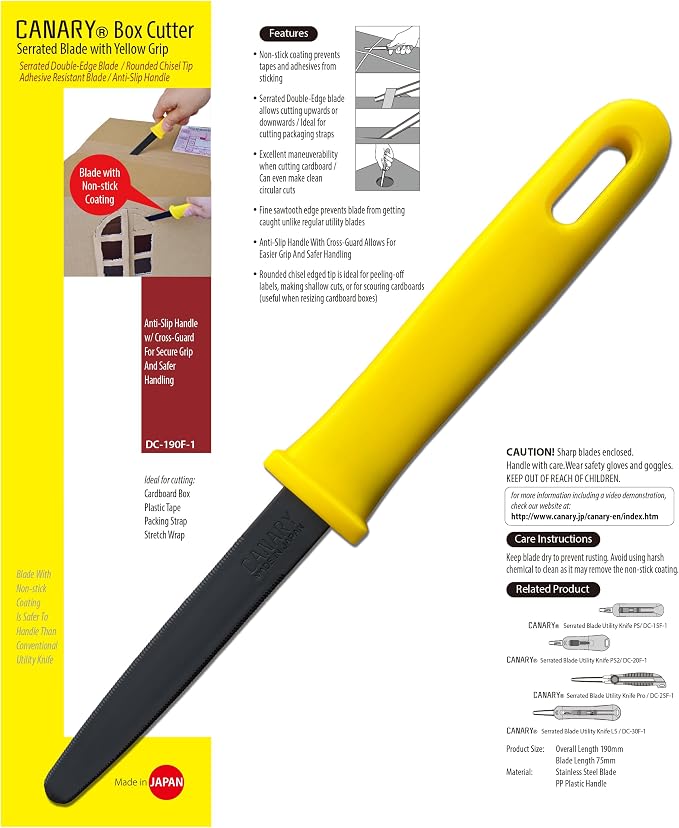 CANARY Cardboard Cutter with Non-Stick Coated Blade - 7.5" Box Cutter Utility Knife for Breaking Down Boxes & Opening Packages - Made in Japan, Yellow (2-Pack)