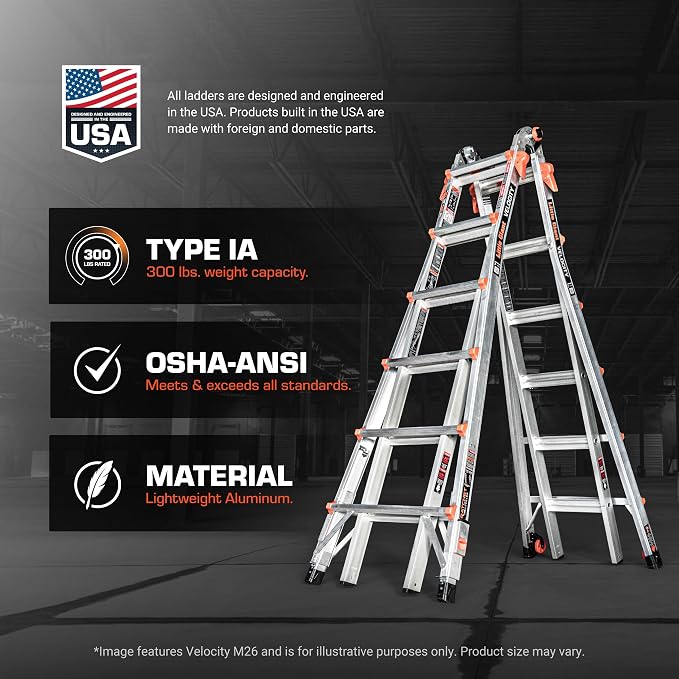 Little Giant Ladders Velocity 26-Ft Folding Multi-Position Ladder, Aluminum, 300 lb Load Capacity, Type 1A Extra Heavy Duty, 26-Ft Reach, with Ratchet Levelers and Wheels (15426-801)