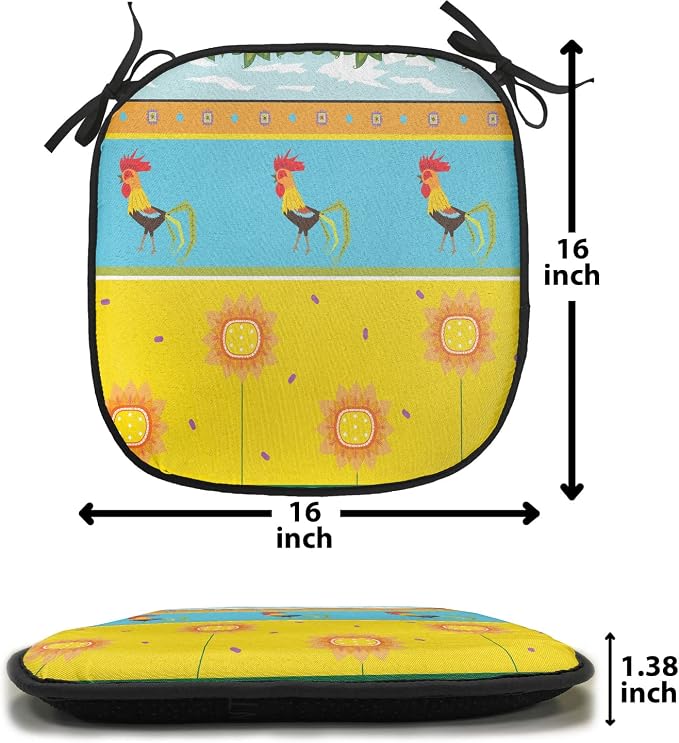 Lunarable Gallus Chair Cushion Pads Set of 4, Rooster Pattern with Sunflowers Summer Greenery Sky Floating Clouds Clipart, Anti-Slip Seat Padding for Kitchen & Patio, 16"x16", Earth Yellow Blue