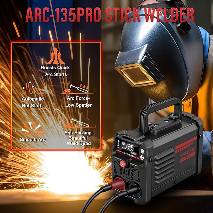 135A Mini IGBT Stick Welder, 110V Portable MMA/ARC Welding Machine with Lift TIG, Hot Start, Arc Force & Anti-Stick - Ideal for Home DIY Projects and Automotive Repair (Black)