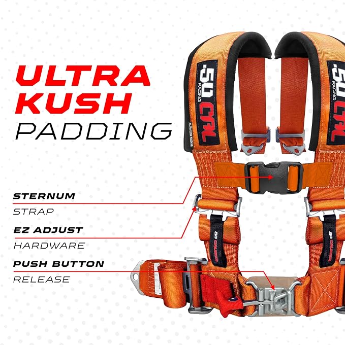 1pc 50 Cal Orange 4 Point Harness 2" straps, Racing Harness Seat Belt | Ultra Kush padding, Push Button quick release hardware. Universal Fit for UTV, RZR, race car