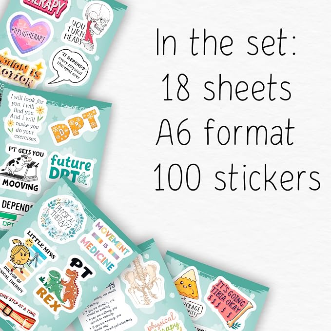 100Pcs Physical Therapy Stickers and Decals for Water Bottle, Laptop - Physical Therapist Gifts & Party Decorations - Medical, Occupational Therapy Stickers- Gift for Women & Men