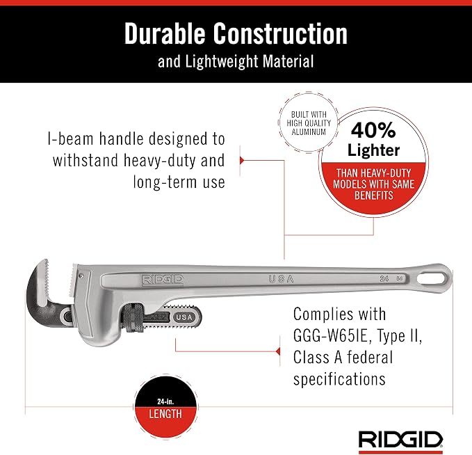 RIDGID 31105 Model 824 Aluminum Straight Pipe Wrench, 24-inch Plumbing Wrench, grey