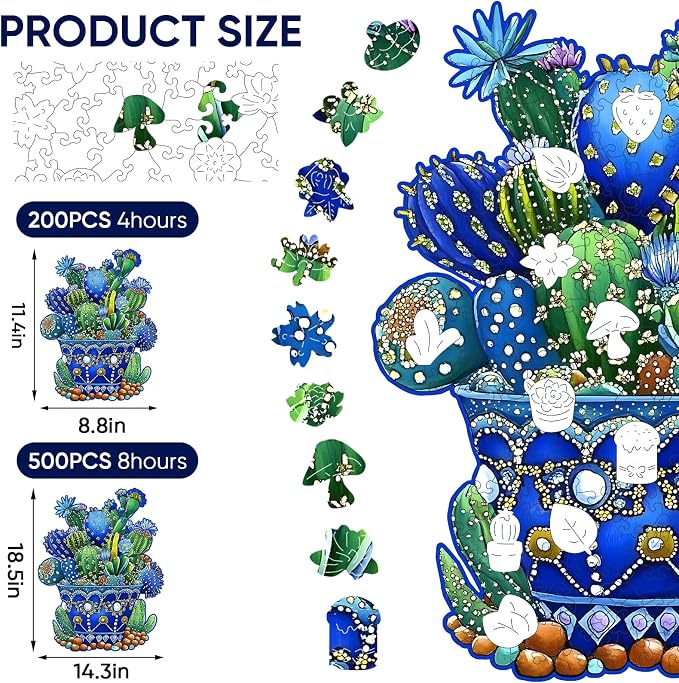 Delobil Puzzles for Adults 500 Pieces, Cactus Jigsaw Puzzles, Unique Shaped Flowers Wooden Puzzles for Adults and Kids, Family Game for Plant Lovers, 14.3 x 18.5 Inches