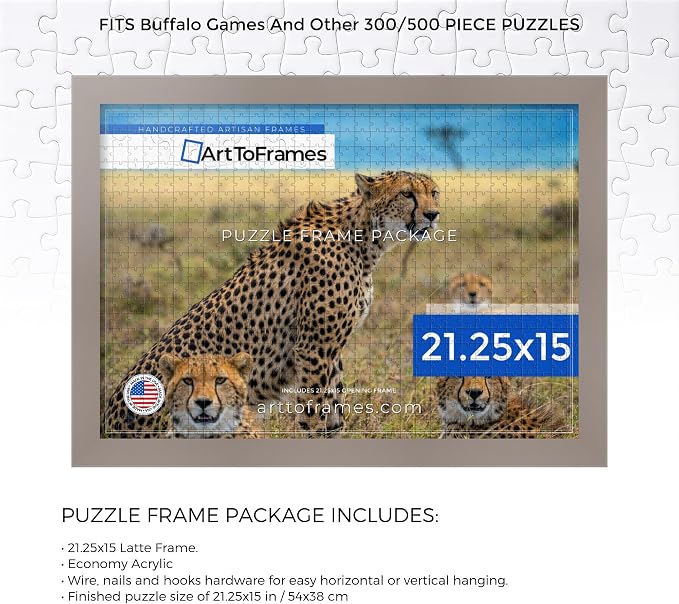ArtToFrames Puzzle Frame for Buffalo Games 300, 500 Piece Jigsaw Puzzles, 21.25x15 Inch (54x38 cm), Latte Engineered Wood with Economy Acrylic, Ready to Hang Puzzle Display