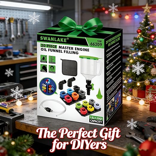 20-Piece Engine Oil Funnel Kit, 1.59QT/1.5L Oil Funnel Set with 12 Adapters, Siphon Hose Pump, Towel, Elbow Fitting, Arrow Screen and Magnetic Storage Hooks Tray, Compatible with GM/Ford/BMW/Audi Etc.