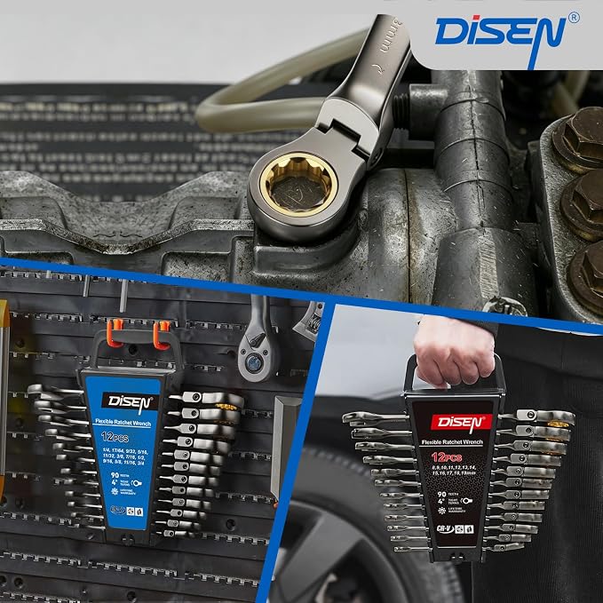 DISEN Ratcheting Wrenches Set 90 Tooth Flex-Head with Nickel Plating 24 Pcs | Ratchet Wrenches Set 12pcs Metric(8-19 MM) + 12pcs SAE (1/4-3/4 IN) with Organizer Racks per Set, Cr-V, for DIY Holiday Gift