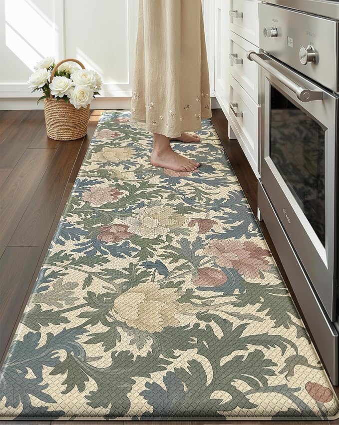 Color&Geometry Floral Kitchen Mat 24"x87", Anti Fatigue Kitchen Mats for Floor, Kitchen Rugs Non Slip, Waterproof & Oil Proof Padded Runner for Standing Desk Office, Sink -Beige