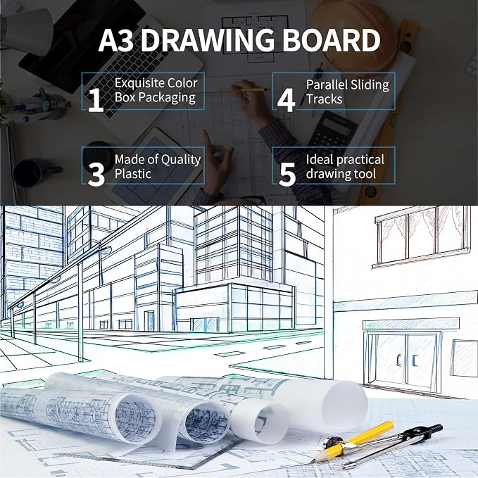 Zonon A2 Portable Drawing Board, Multi-Function Metric Drafting Table Drafting Board with Clear Rule Parallel Motion and Angle Adjustable Measuring System