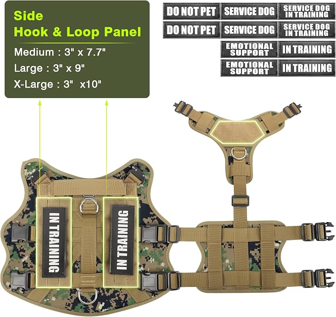 Tactical Dog Harness with Dog Leash, Service Working MOLLE Vest with 10 Pet Patches for Dog, No Pull Military Harness and Backpack for Training Hunting Walking