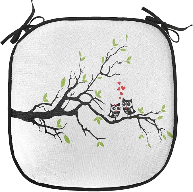 Lunarable Owls Chair Cushion Pads Set 12, Owls in Love Sitting on a Branch Leaf Leaves Hearts Romance Themed Art, Anti-Slip Seat Padding for Kitchen & Patio, 16"x16", Apple Green Red Black