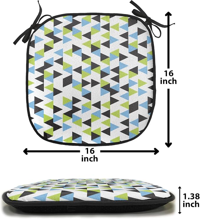 Lunarable Geometric Chair Cushion Pads Set of 2, Abstract Patterns Triangles Geometry in Contrasting Colors, Anti-Slip Seat Padding for Kitchen & Patio, 16"x16", Avocado Green Pale Blue