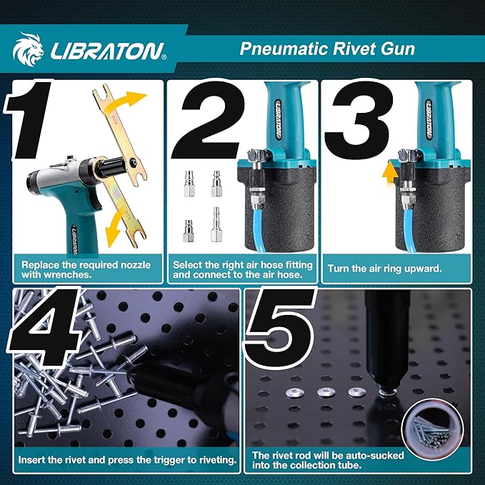 LIBRATON Pneumatic Rivet Gun Kit, Heavy Duty Air Riveter Tool 3/32", 1/8", 5/32", 3/16" with 200 Rivets, Air Hydraulic Pop Rivet Gun for Automotive Repair, Self-Suction Design