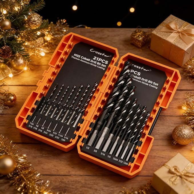 Crosstar M35 Cobalt Drill Bit Set for Hardened Metal & Stainless Steel - 21pcs Titanium Aluminum Nitride Coated (TiAlN), Three-Flute Design, 1/16"-1/2" Metal Drill Bits