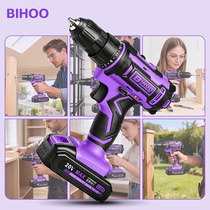 Purple 20V Cordless Drill Electric Drill set, Electric Screwdriver with 2 Batteries & Charger, 3/8" Keyless Chuck, 25+1 Torque 2-Speed Hammer Drill, Drill Bits Kit for Home DIY & Woodworking