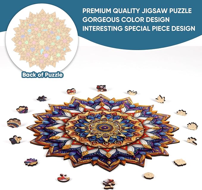 Delobil Puzzles for Adults 500 Pieces, 5MM Thick Mandala Flower Wooden Puzzles, Geometric Art Gold Round Jigsaw Puzzles for Adults and Kids, Family Game Gift Puzzle, 16.9 x 16.8 Inches