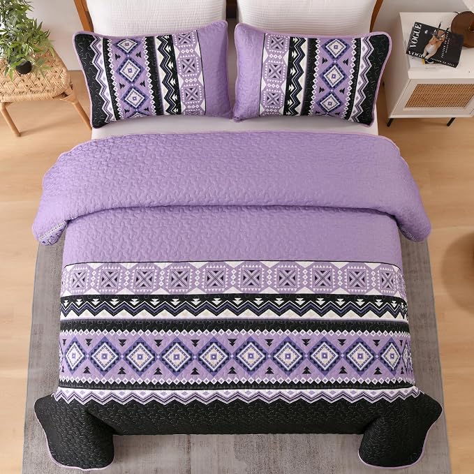 WONGS BEDDING 3 Pieces Quilt Set Queen Size, Purple Quilt Bedspread Lightweight Bohemian Coverlet Set with 2 Pillowcase, Soft Geometry Printed Bedding Set Queen for All Season 96"×90"