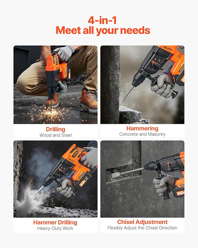 VEVOR 1" SDS-Plus Rotary Hammer Drill, 20V Brushless Cordless SDS Hammer Drills, 4.0Ah Lithium-Ion Battery Powered,3.0A Fast Charger, 4 Modes,Rotomartillo for Concrete,1200 RPM, 5300 BPM