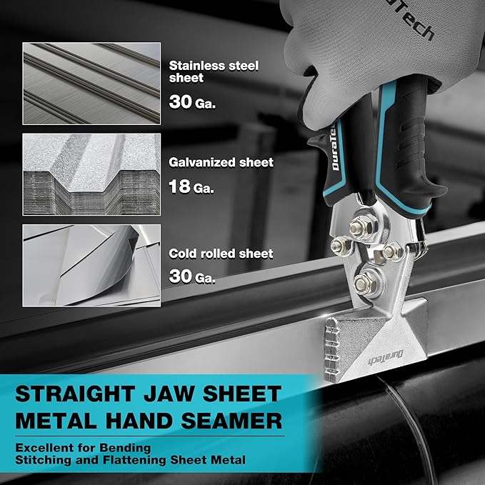DURATECH 3 Inch Sheet Metal Bender, Hand Seamers Sheet Metal Tools with Ergonomic TPR Handle, Straight Jaw Metal Bending Pliers for Bending, Seaming and Flattening Metal