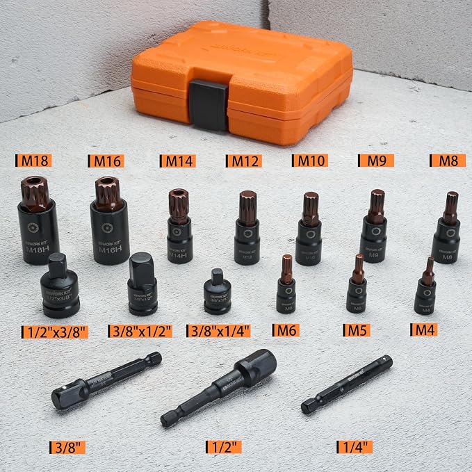 16-Piece Torx Bit Socket Set - Premium S2 Steel European Style M4-M18 with Socket Adapters, Star Bit Socket Set 1/4”, 3/8” and 1/2” Drive and 3 Adapter Professional Mechanic Garage Tools