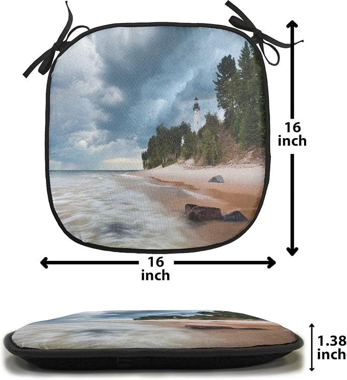 Lunarable Lighthouse Chair Cushion Pads Set of 4, Au Sable Lighthouse in Pictured Rock National Lakeshore Michigan USA, Anti-Slip Seat Padding for Kitchen & Patio, 16"x16", Blue Green Cinnamon