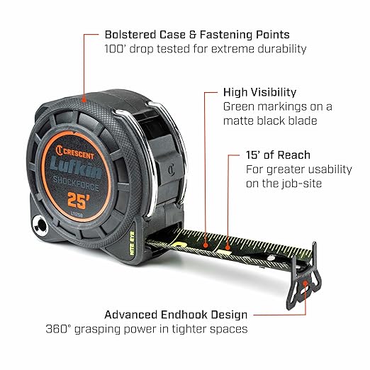 Crescent Lufkin 1-3/16" x 25' Shockforce Nite Eye G1 Dual Sided Tape Measure | L1125B-02