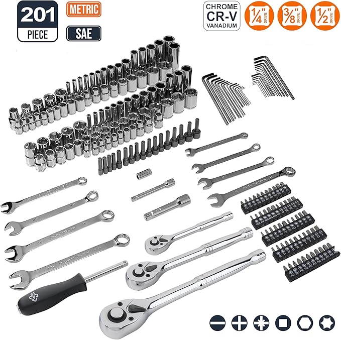 Amazon Basics 201-Piece Mechanic's Socket Tool Set With Case, SAE and Metric Sizes, Chrome-Vanadium Steel, Portable