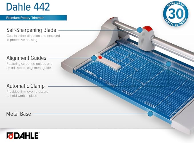 Dahle 442 Premium Rotary Trimmer, 20" Cut Length, 30 Sheet Capacity, Self-Sharpening, Automatic Clamp, German Engineered Paper Cutter