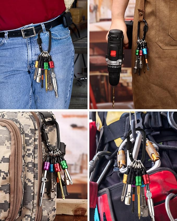 katerk 6pcs Bit Holder with Carabiner Socket for Mens Gift, 1/4 inch Hex Shank Aluminum Alloy Screwdriver Bit Holders, Quick Release Easy Change Impact Driver Drill Bit Keychain Extension (Classic)