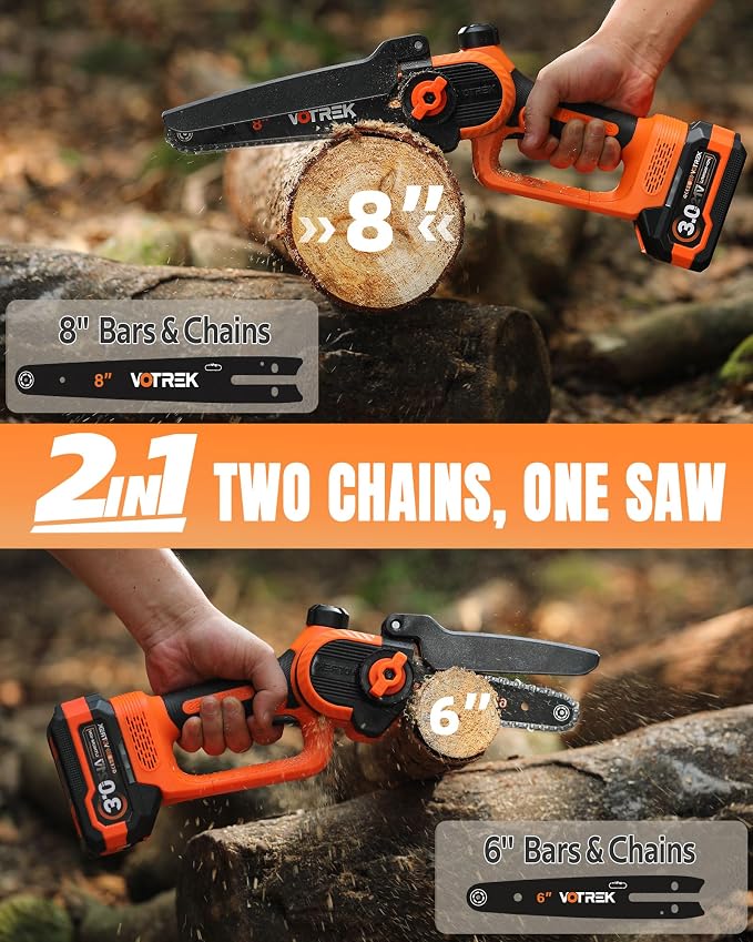 2-in-1 6-Inch & 8-Inch Mini Chainsaw Cordless, 2 x 3.0Ah Batteries, Electric Chain Saw with 4 Chains, 2 Bars, Brushless Motor, Auto Oiler, Tool-Free Tensioner for Tree Trimming and Yard Cleanup