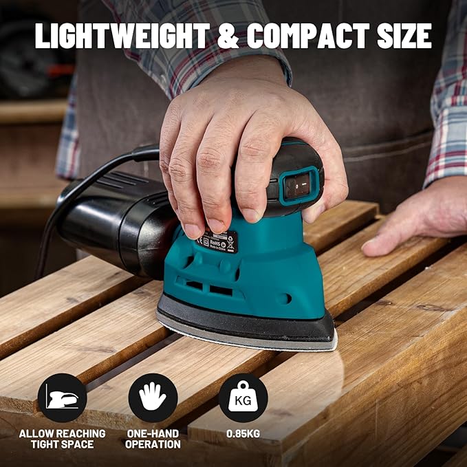 DOVAMAN 130W Detail Sander, 12000RPM Palm Sander Tool, Dust Collection System, 12PCS Sandpaper, Compact Hand Tool for Wood Steel Surfaces