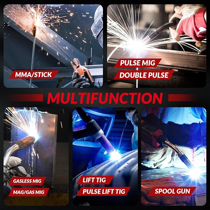 GZ GUOZHI Aluminum MIG Welder, 200A 10 in 1 Double Pulse MIG/Gas MIG/MAG/Gasless Flux Core MIG/Stick/Lift TIG/Spot welding/Spool Gun 110V/220V Multi Process Welding Machine with LCD Digital Display