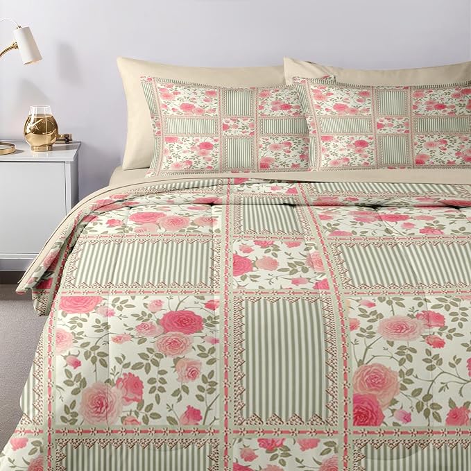 Nesker Comforter Set King Size, Floral Rose Leaves 7 Pcs Bedding for Kids and Adults, Shabby Chic Checkered Flower Bed Sheet Sets with Fitted Sheet 2 Pillowcases & 2 Shams