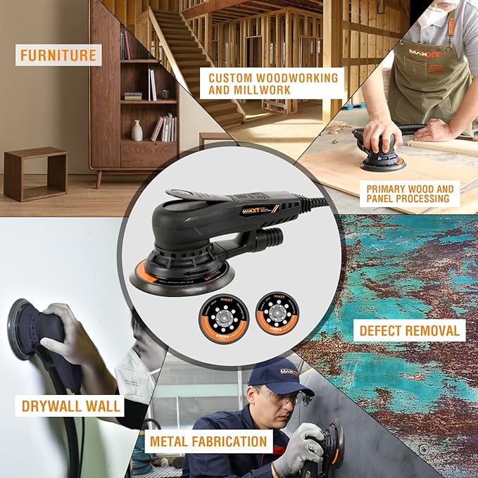 MAXXT Electric 5mm Random Orbital Sander, Palm Sander with Brushless Motor, 5/6Inch Sanding Pads, Central Vacuum, Sanders for Woodworking, Raw Wood and Panel Processing