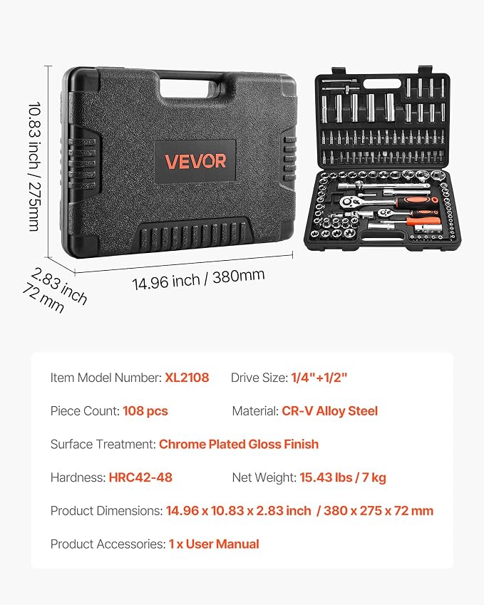 VEVOR Socket Set, 108 Pieces, 1/4 & 1/2 inch Drive Socket and Ratchet Set, Metric Size from 4 to 32 mm, Mechanic Tool Kit with Bits, Accessories, Storage Case, CR-V Alloy Steel, for Automotive Repair | CR-V Socket and Tool Set with Bits, Accessories, S...