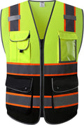 JKSafety 9 Pockets High Visibility Dual Color Zipper Front MESH Lite Safety Vest | Orange Color Triming Reflective Strip | ANSI/ISEA Standards (100-Yellow-Black, XXL)