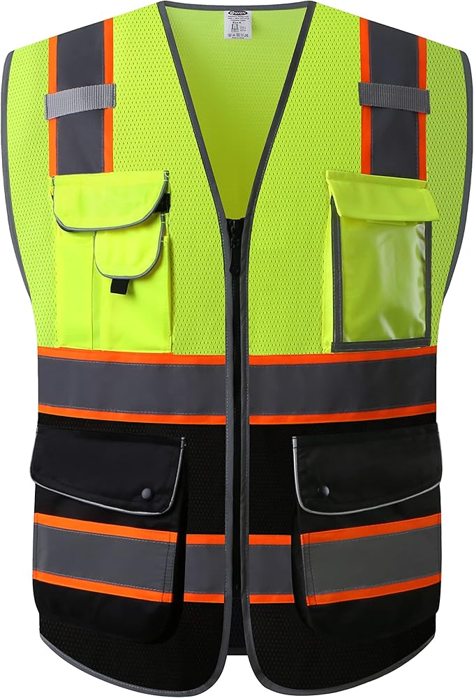 JKSafety 9 Pockets High Visibility Dual Color Zipper Front MESH Lite Safety Vest | Orange Color Triming Reflective Strip | ANSI/ISEA Standards (100-Yellow-Black, XXL)