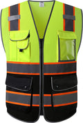 JKSafety 9 Pockets High Visibility Dual Color Zipper Front MESH Lite Safety Vest | Orange Color Triming Reflective Strip | ANSI/ISEA Standards (100-Yellow-Black, M)