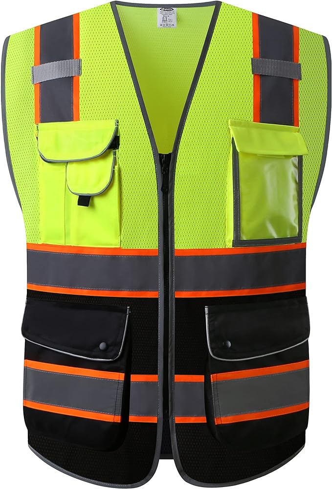 JKSafety 9 Pockets High Visibility Dual Color Zipper Front MESH Lite Safety Vest | Orange Color Triming Reflective Strip | ANSI/ISEA Standards (100-Yellow-Black, M)